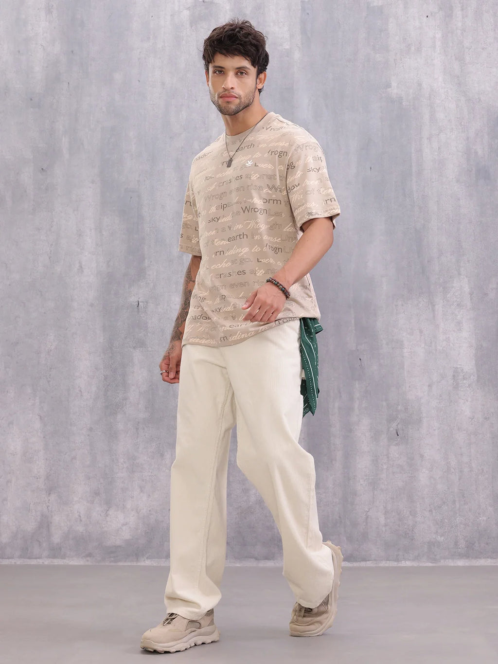 Typo Inspired Aop Oversized Fit T-shirt | Beige