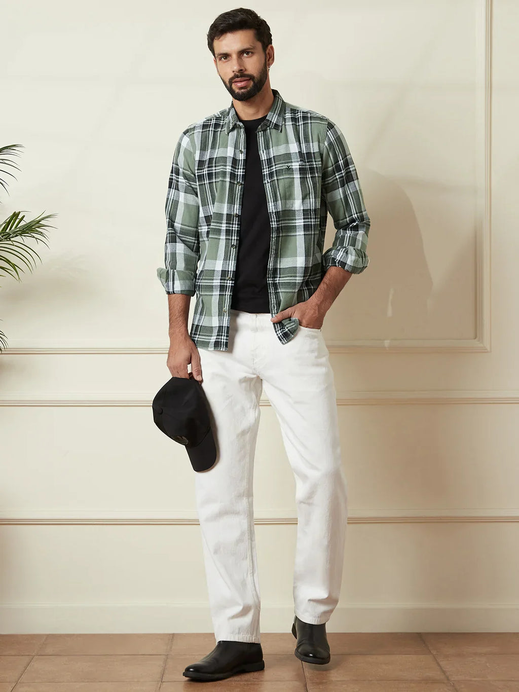 Checked Slim Fit Textured Shirt | Olive