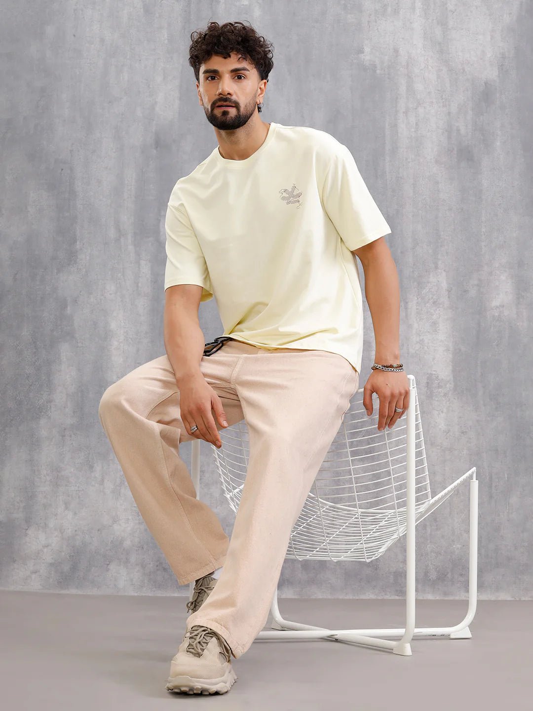 Frayed Yarn Look "Wrogn Squad" Oversized Back Print Crew Neck T-Shirt | Yellow