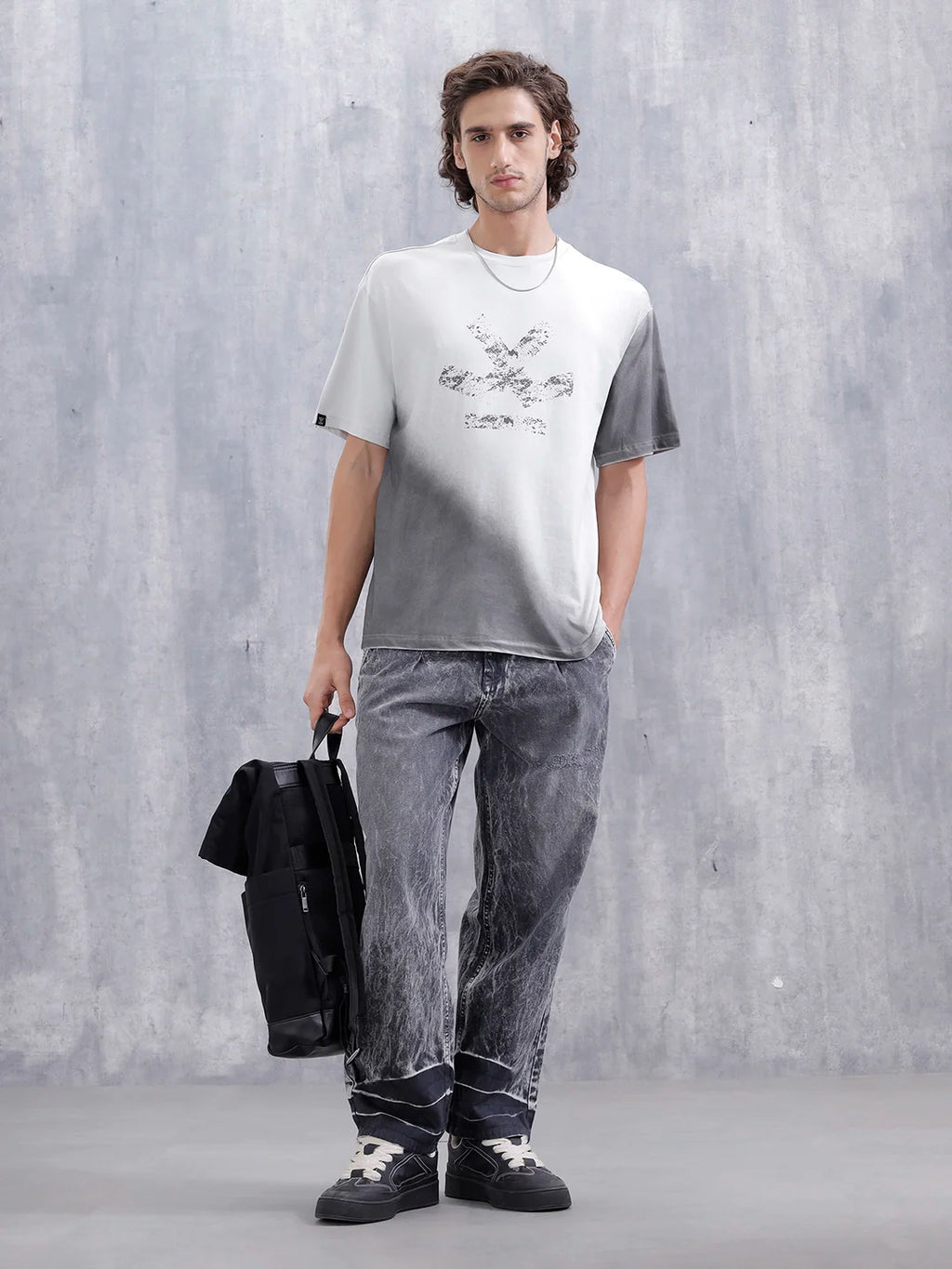 Washed Oversized Crew Neck T-shirt With Print | Light Grey