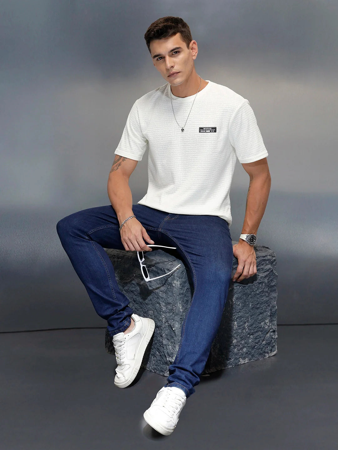 Textured Men's Casual Regular Fit T-Shirt | White