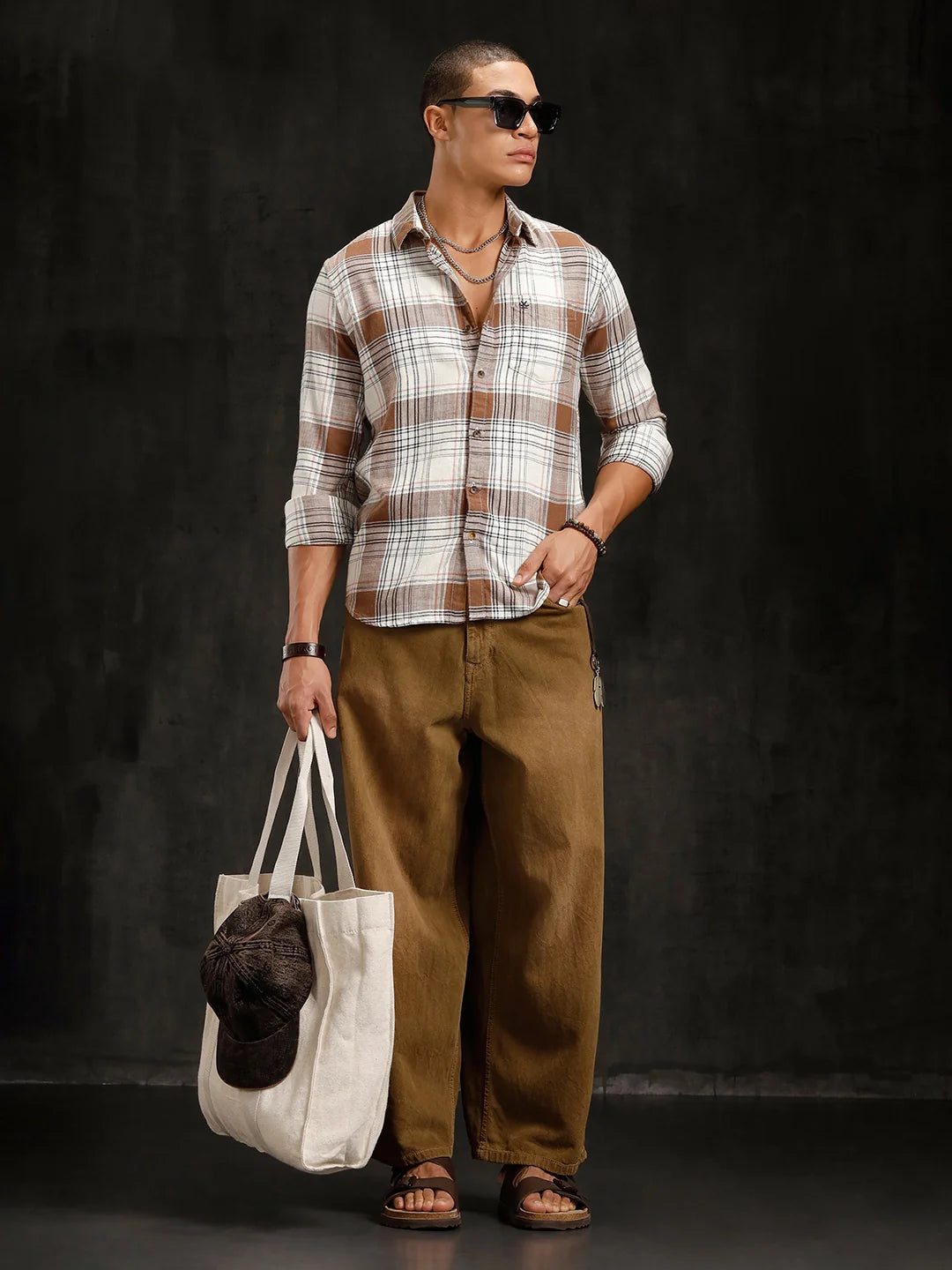 Checkered Cotton Slub Shirt | Brown