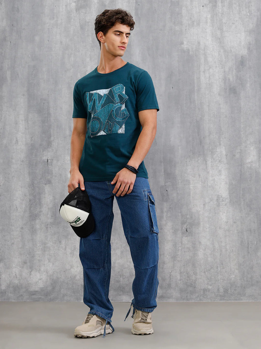 Denim Patchwork Inspired Chest Graphic T-Shirt | Teal