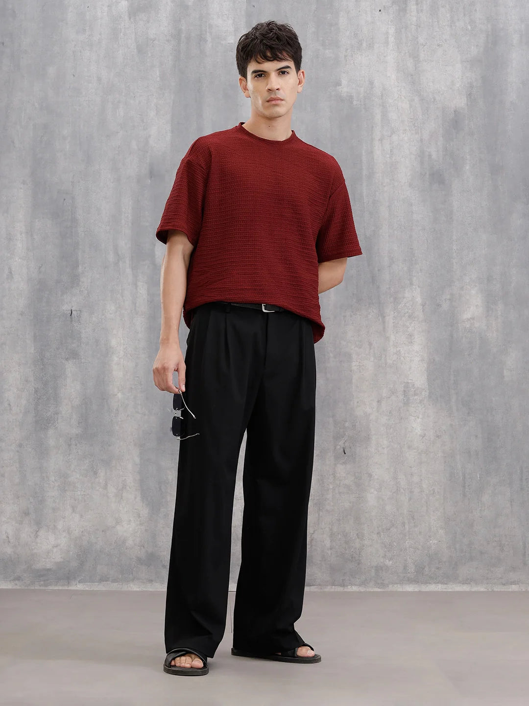 Oversized Jacquard Textured Crew Neck T-Shirt   | Maroon