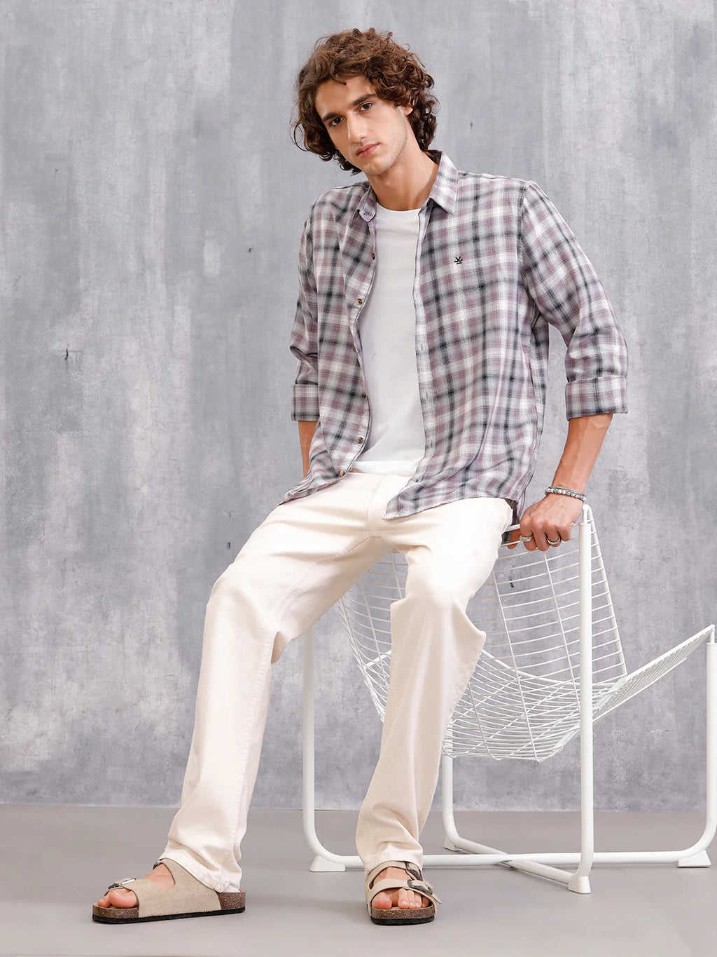 Cotton Twill Shadow Check Shirt In Slim Fit | Grey