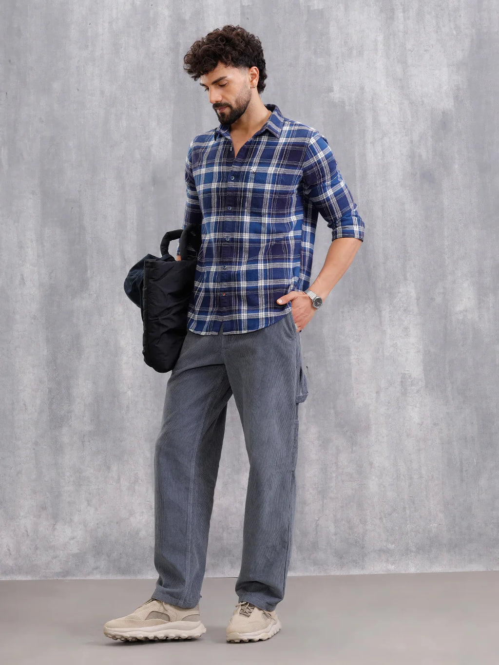 Brushed Flannel Check Shirt In Slim Fit  | Navy Blue