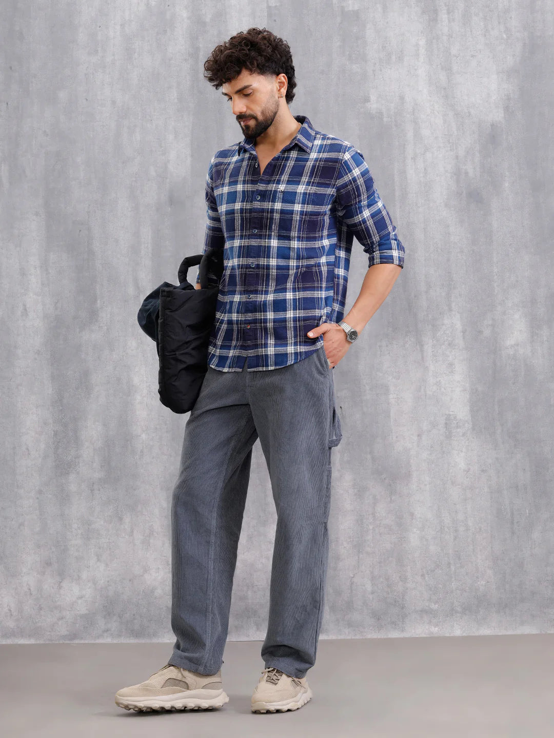 Brushed Flannel Check Shirt In Slim Fit  | Navy Blue