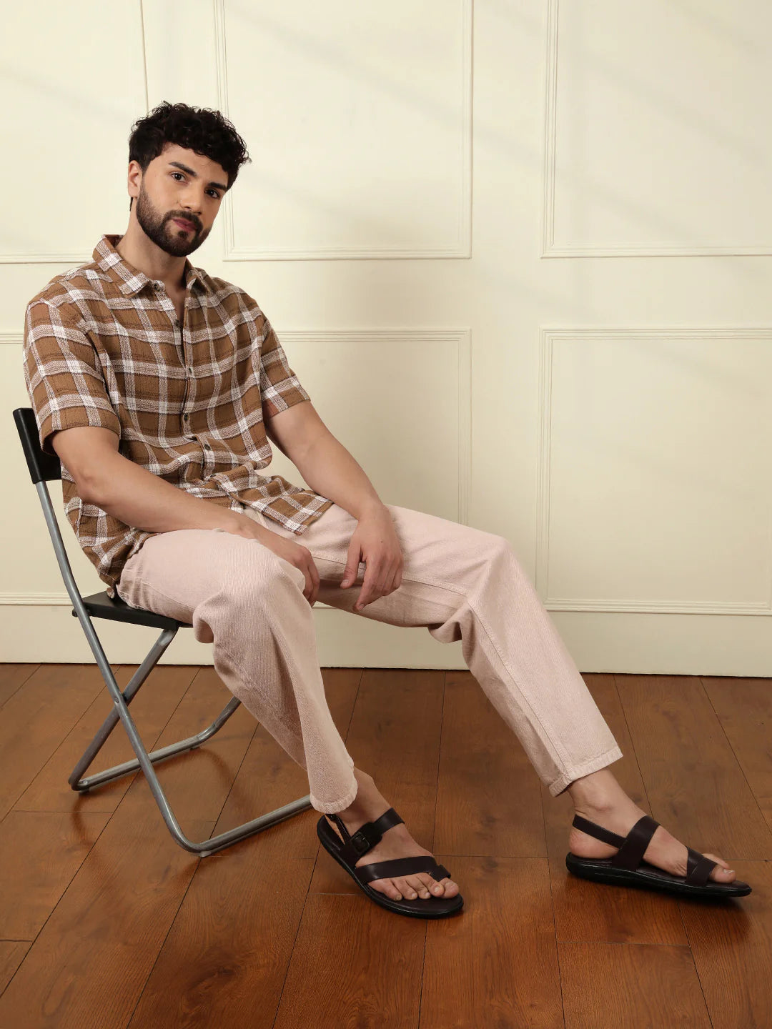 Checked Short Sleeve Textured Shirt | Brown