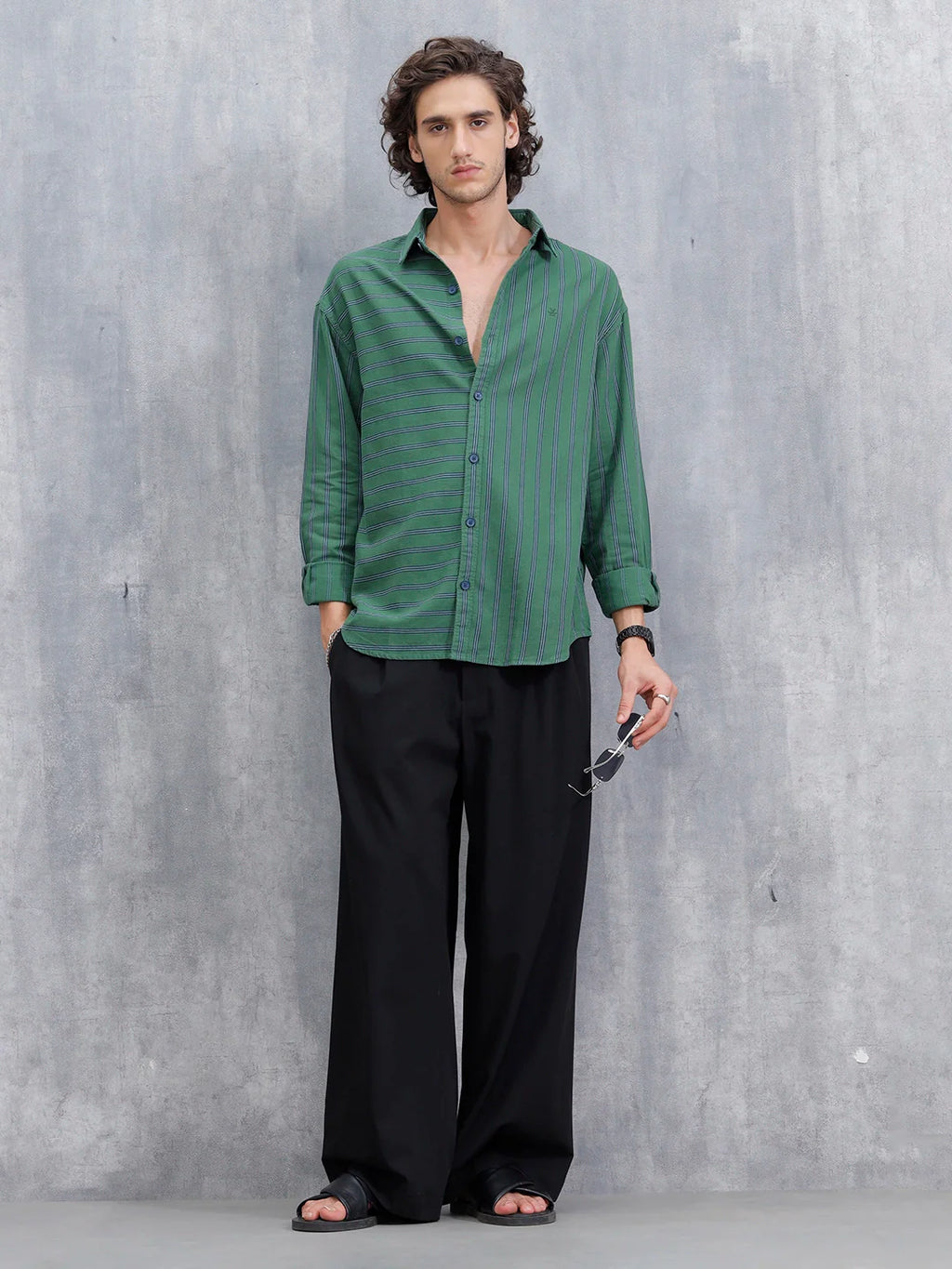 Asymmetrical Striped Oversized Shirt For Men | Dark Green