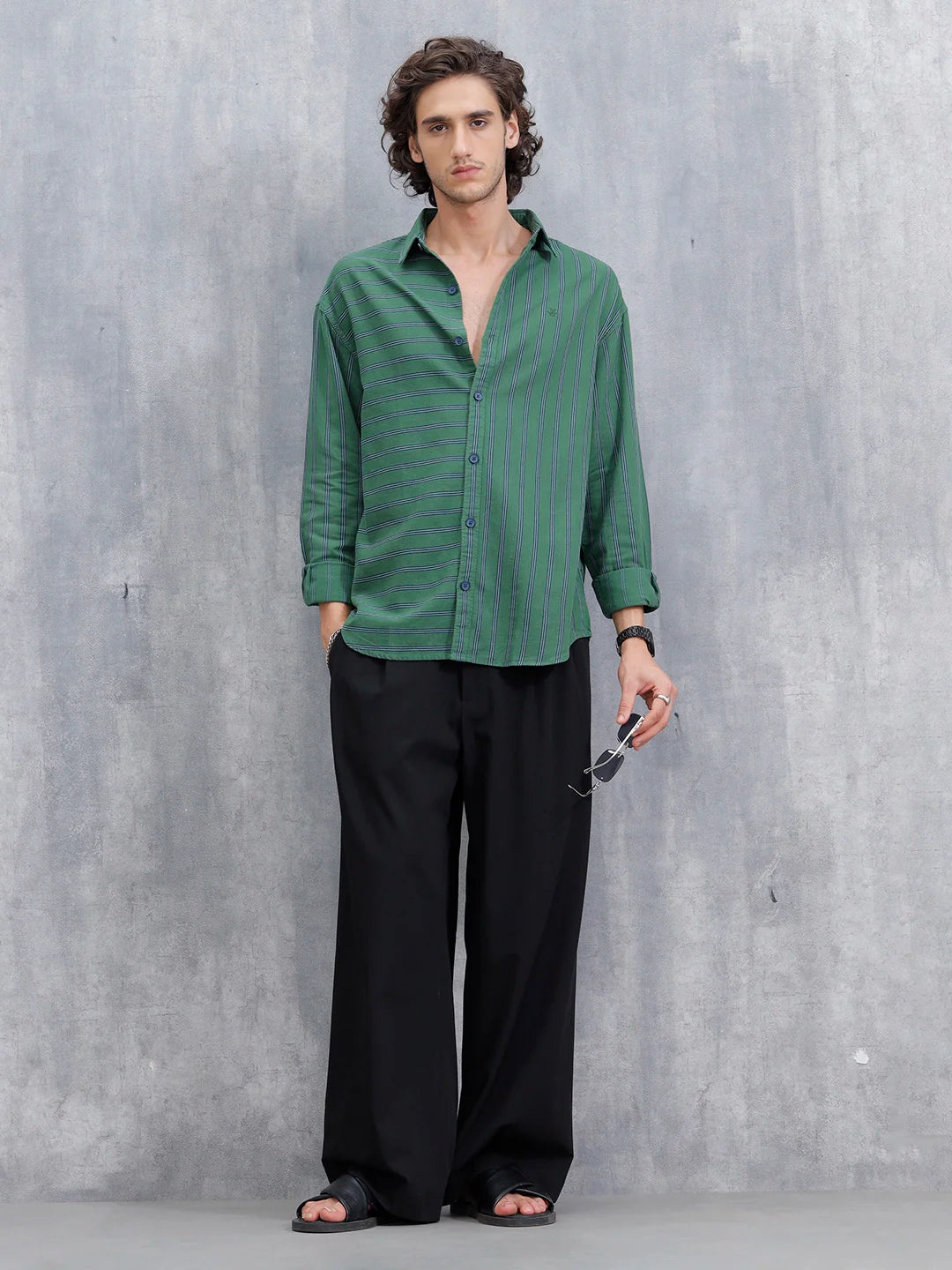 Asymmetrical Striped Oversized Shirt For Men | Dark Green