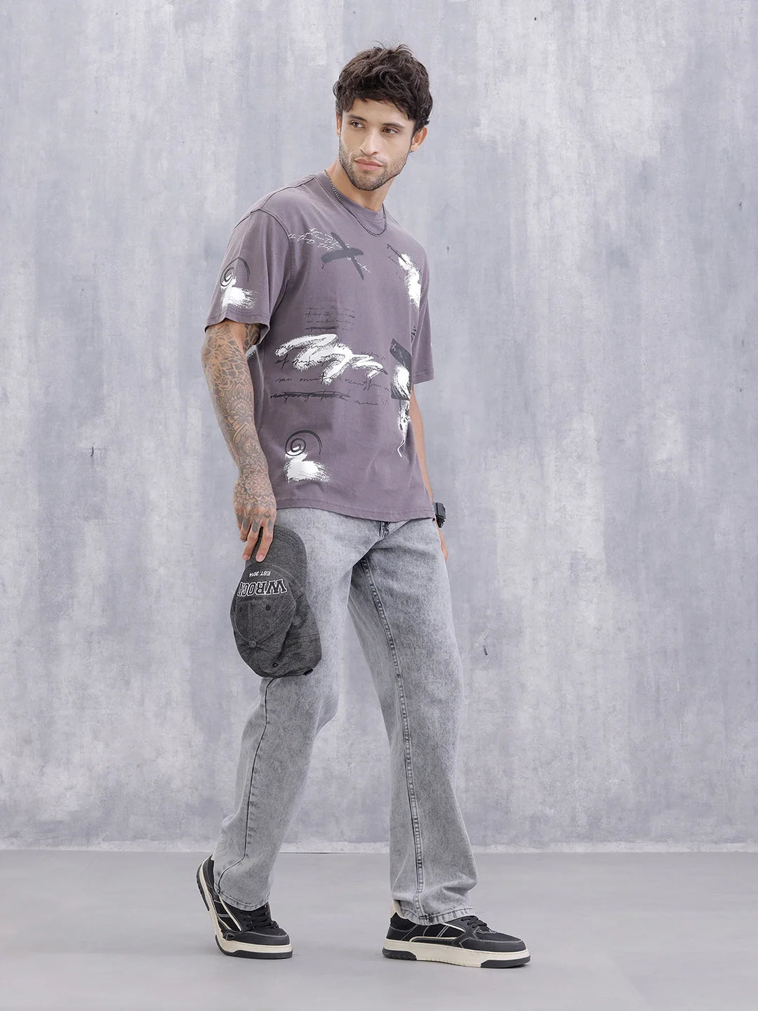 Grafitti Inspired Acid Washed Placement Print Oversized Fit T-Shirt | Grey