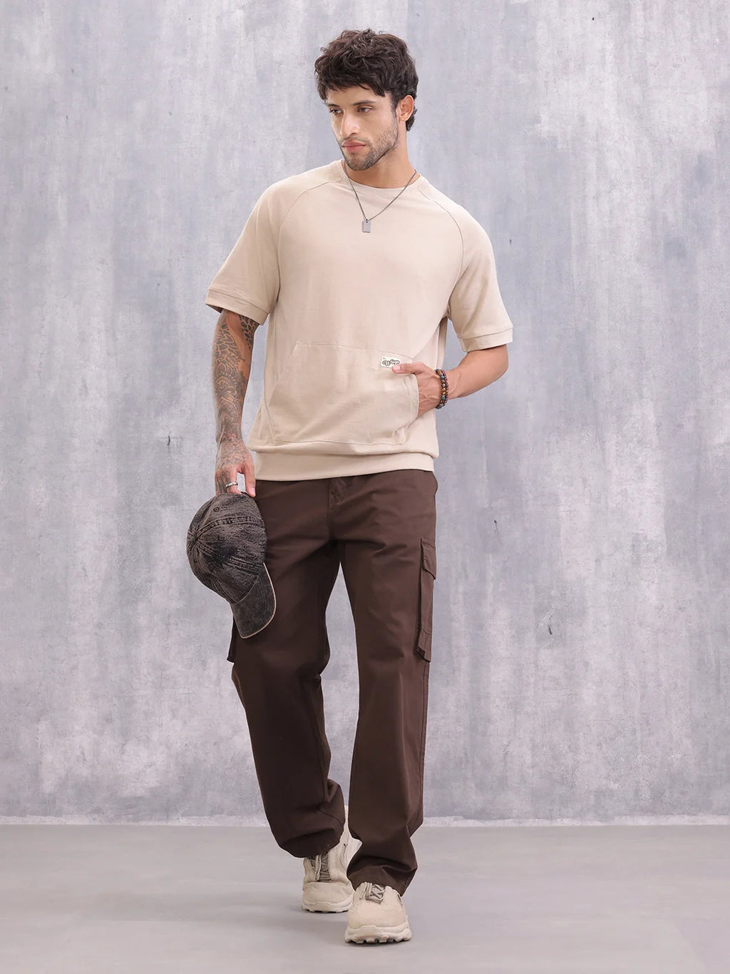 Raglan Sleeve Oversized Fit T-shirt With Rib And Patch Pocket | Beige