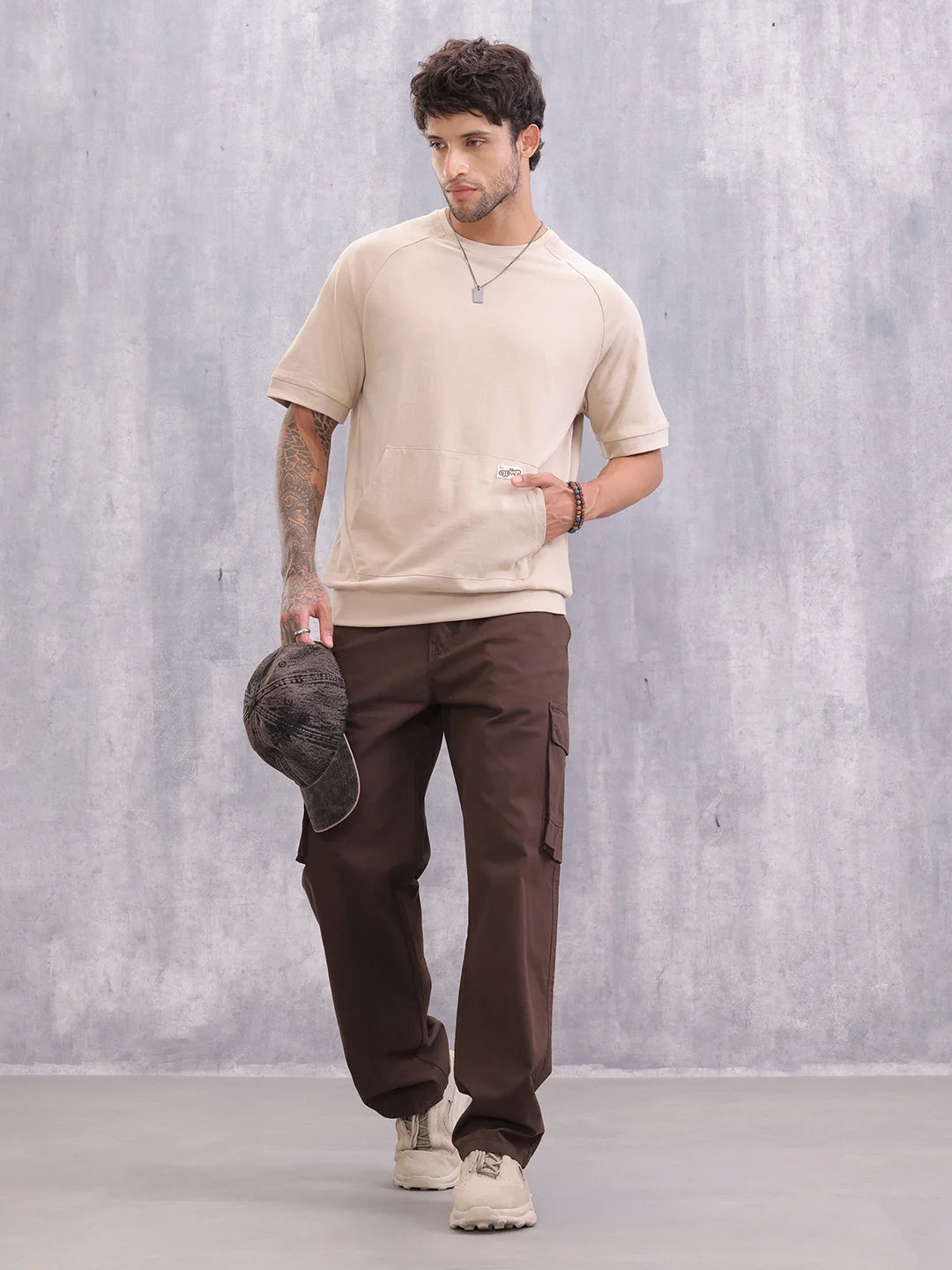 Raglan Sleeve Oversized Fit T-shirt With Rib And Patch Pocket | Beige