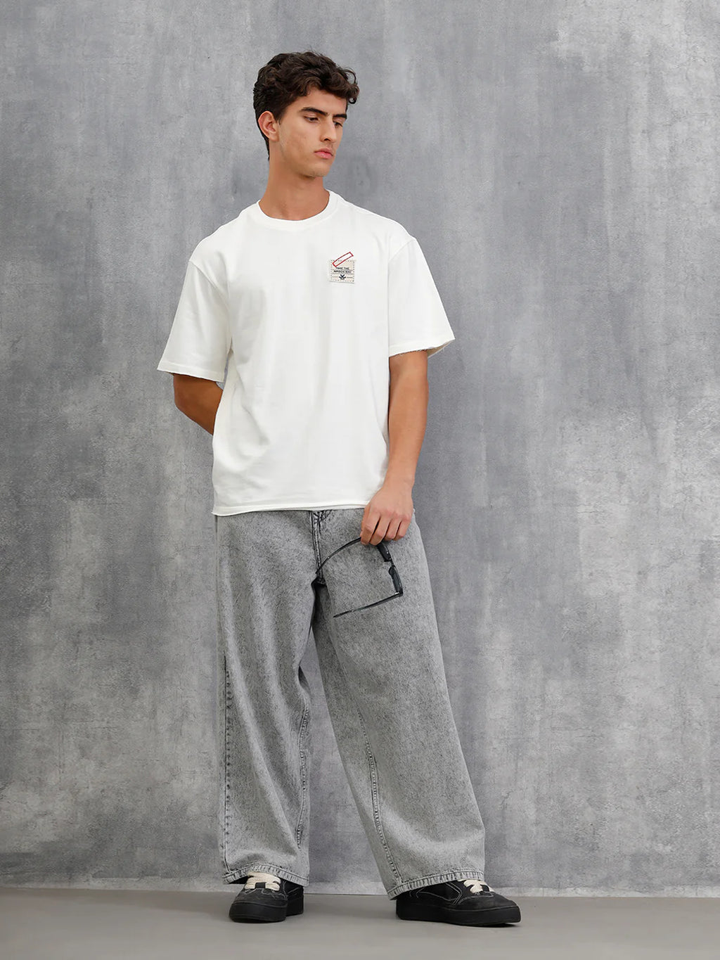 Solid Oversized T-Shirt With Printed Canvas Patch And Raw Edge Detail  | Off White