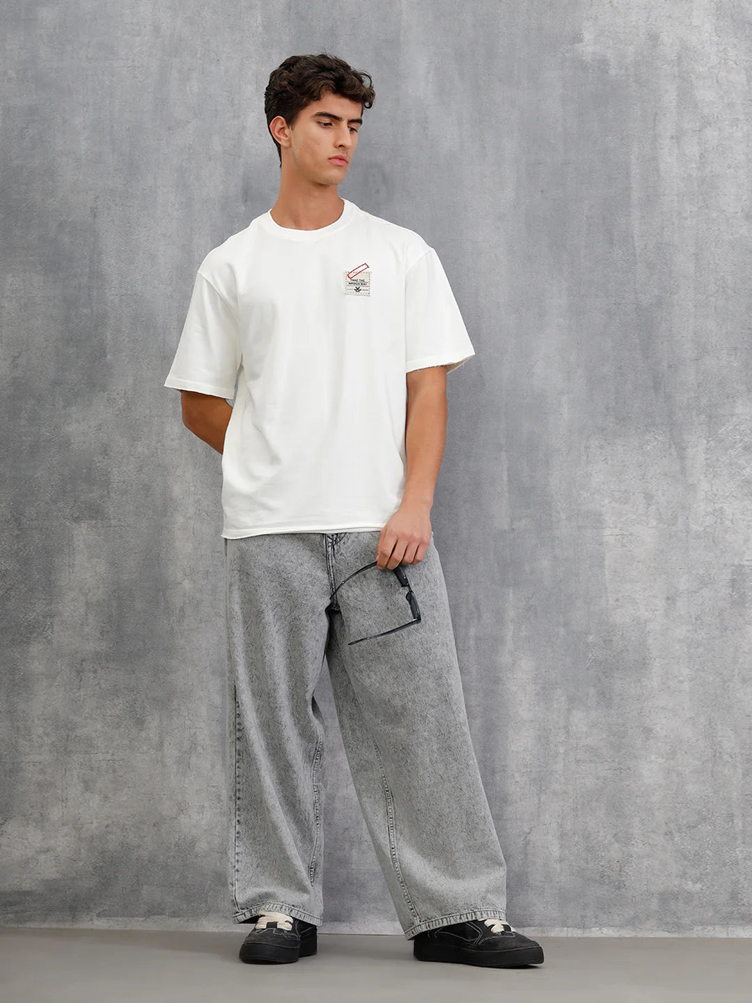 Solid Oversized T-Shirt With Printed Canvas Patch And Raw Edge Detail  | Off White