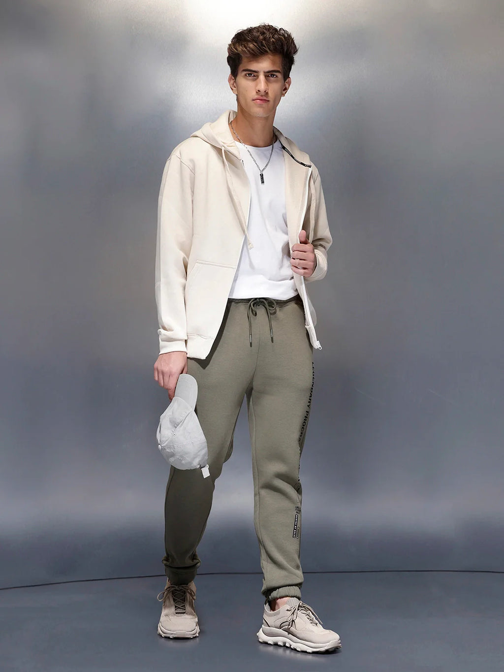 Men's casual slim fit jogger with typographic print design | Olive