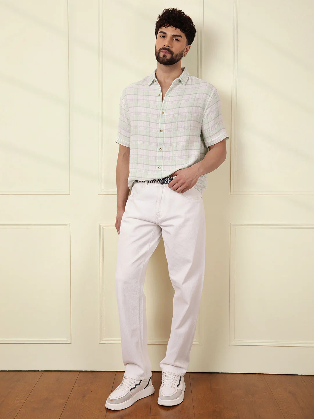 Checked Short Sleeve Textured Shirt | Light Green