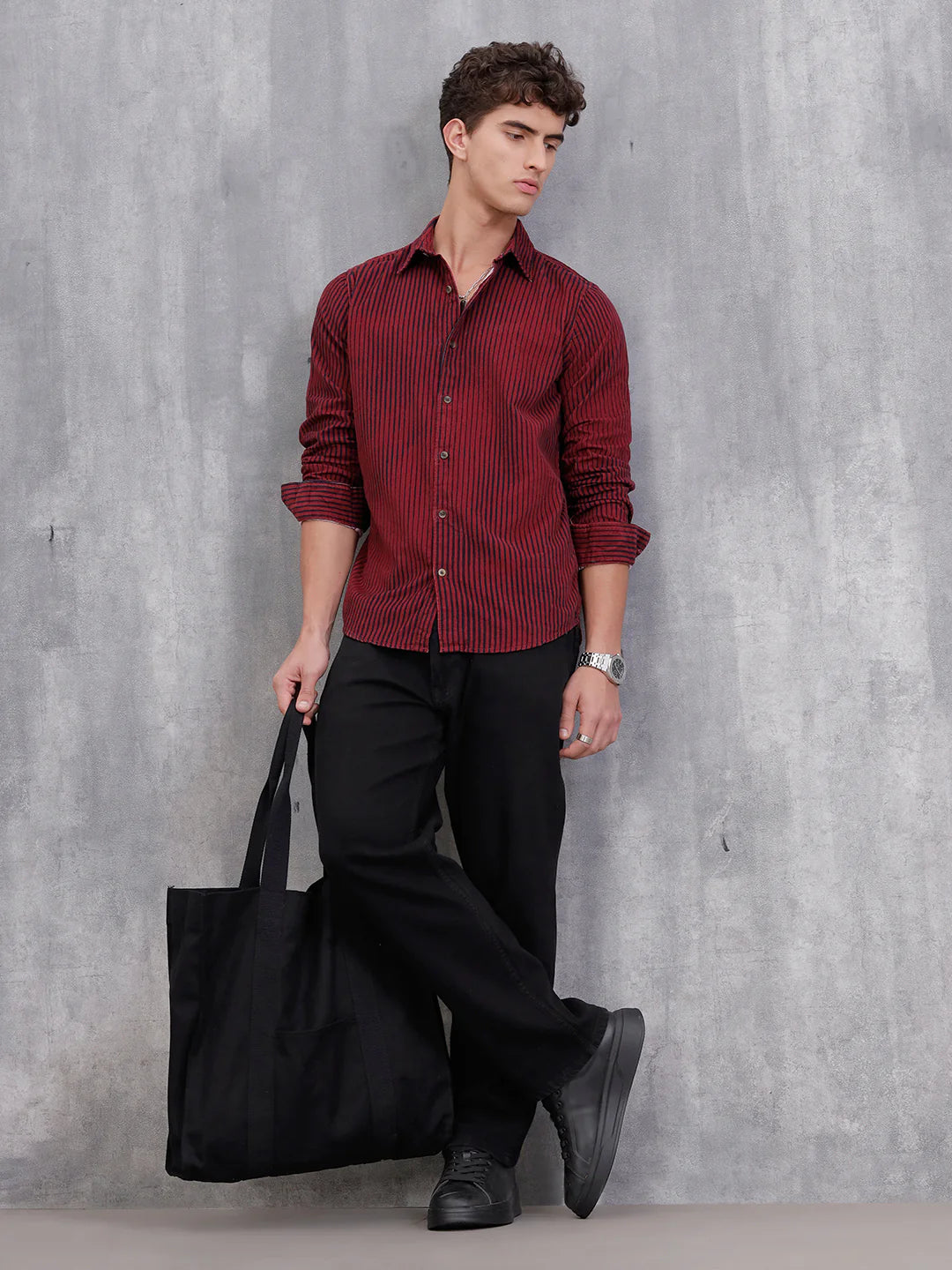 Corduroy Lenticular Stripe Print Shirt | Dark Maroon