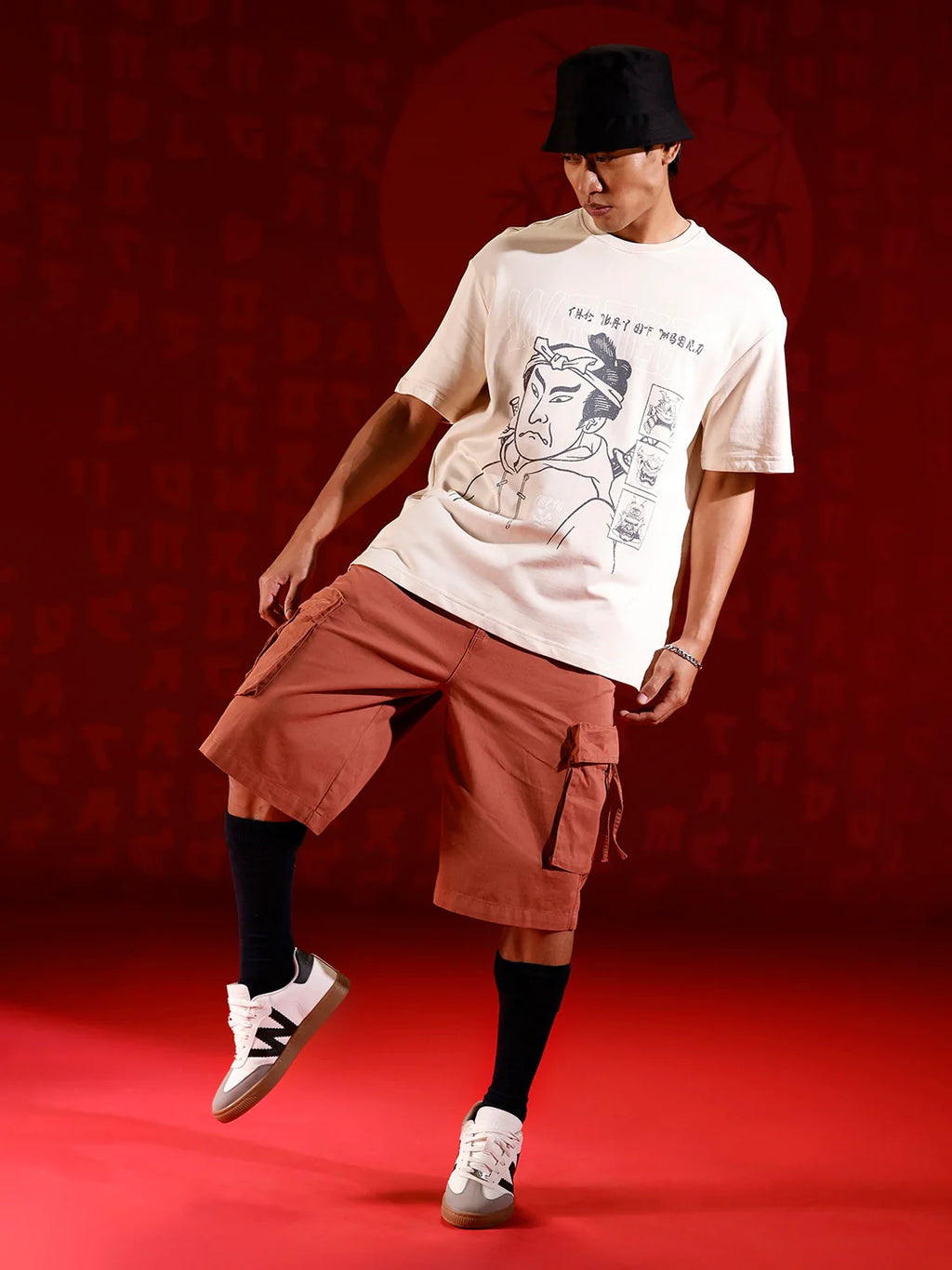 Oversized T-shirt with Samurai Graphic Print | Beige