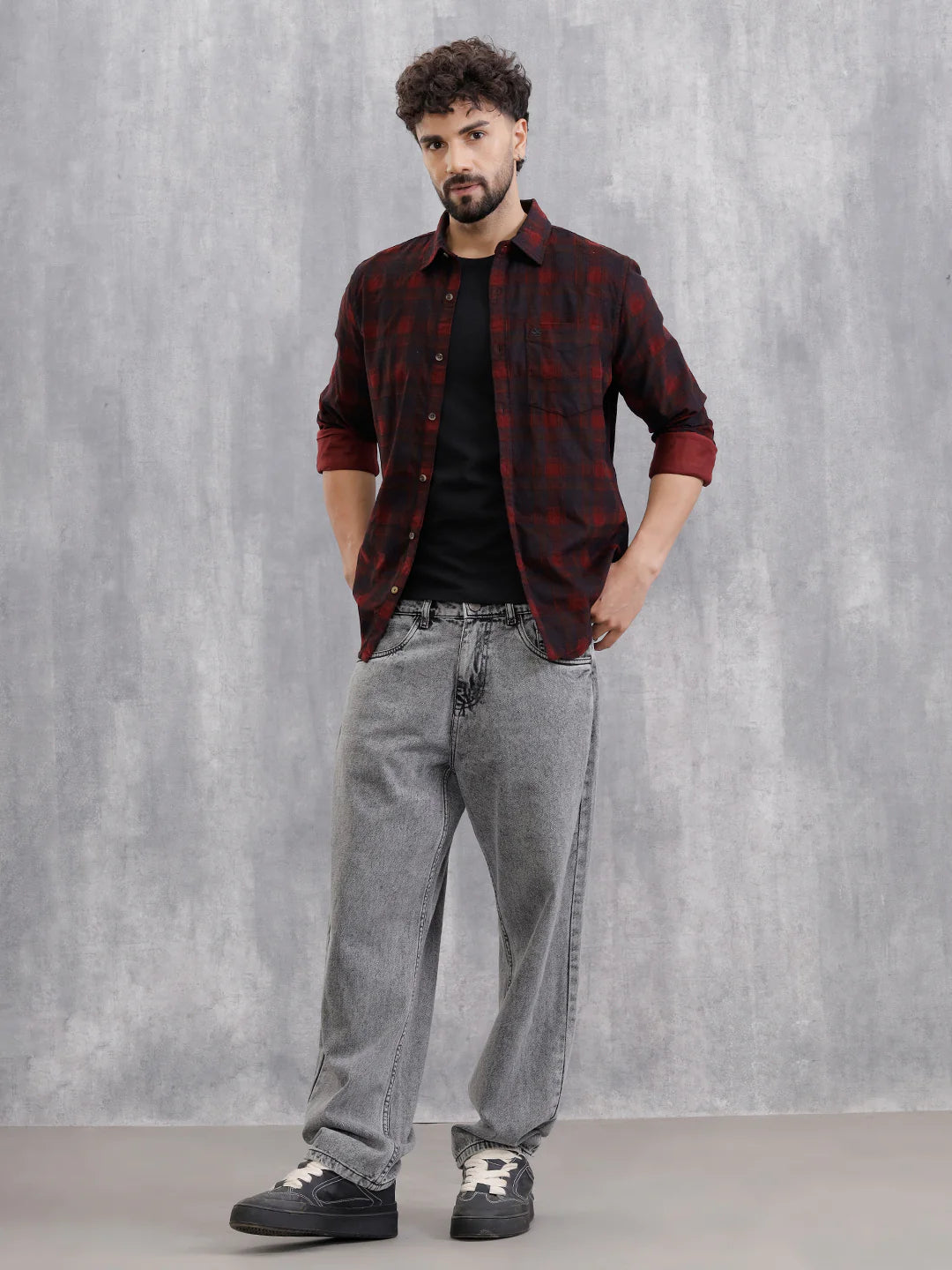 Corduroy Check Printed Shirt In Slim Fit | Maroon