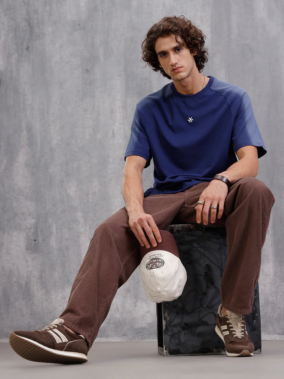 Placement Wash Oversized Fit Pure Cotton T-Shirt  | Navy Blue