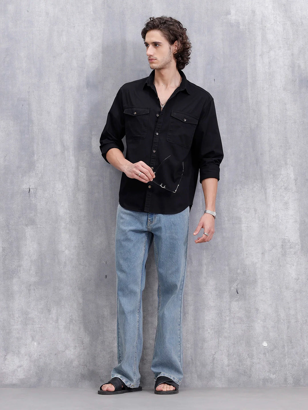 Comfort Fit Double Pocket Solid Shirt | Black