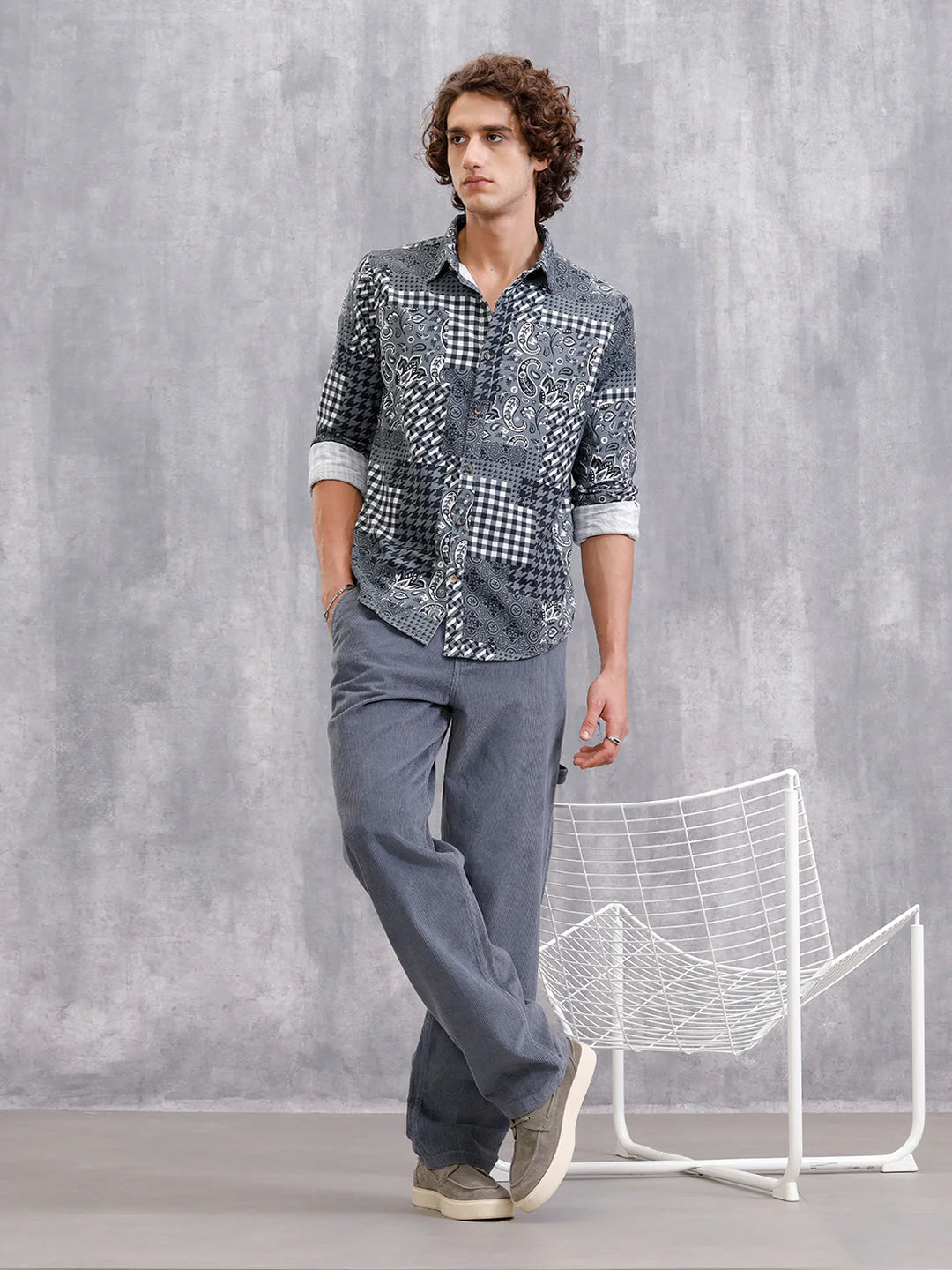 Corduroy Printed Shirt In Slim Fit | Black