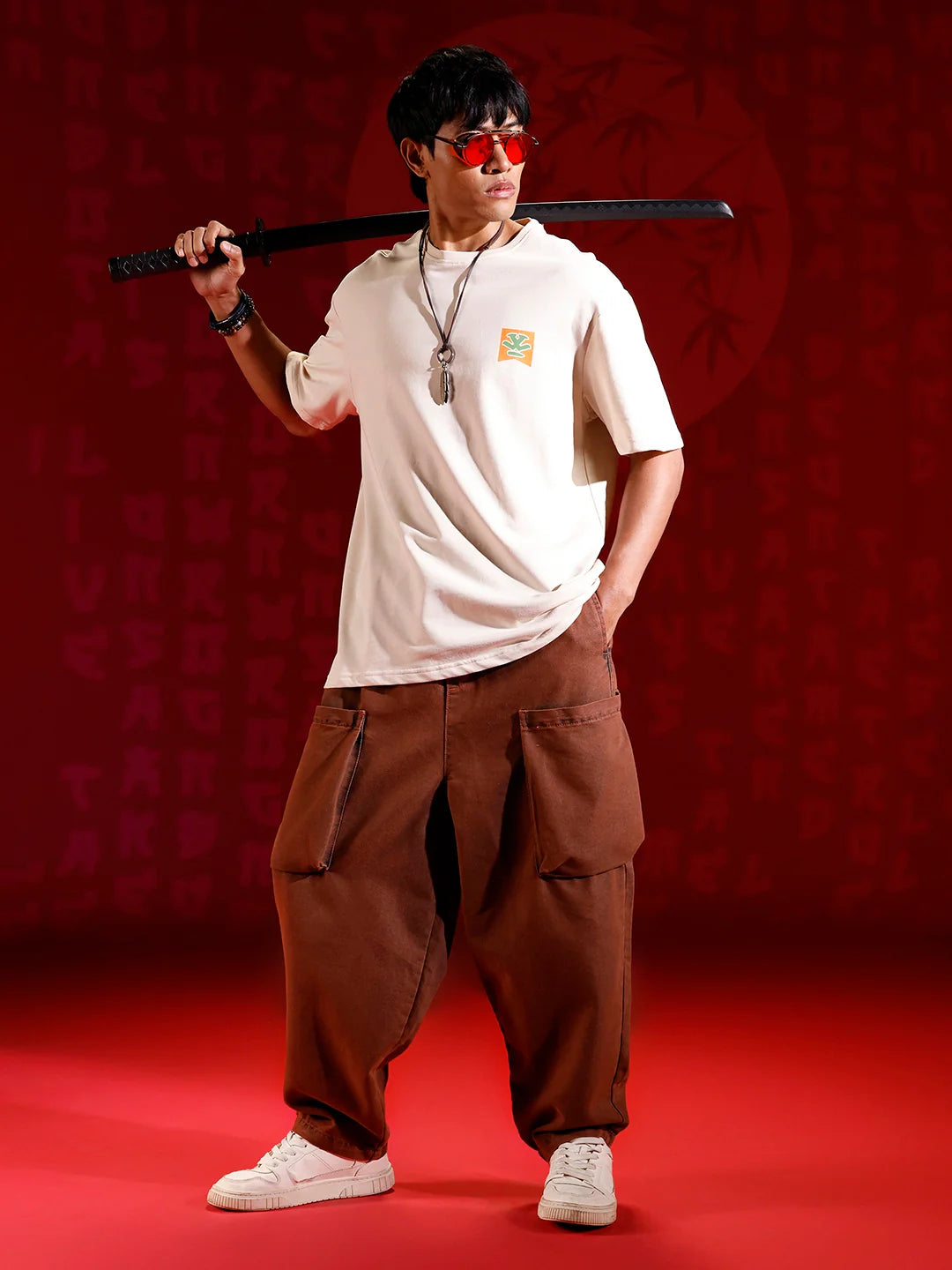 Oversized Black Cotton T-shirt with Graphic Accent | Beige