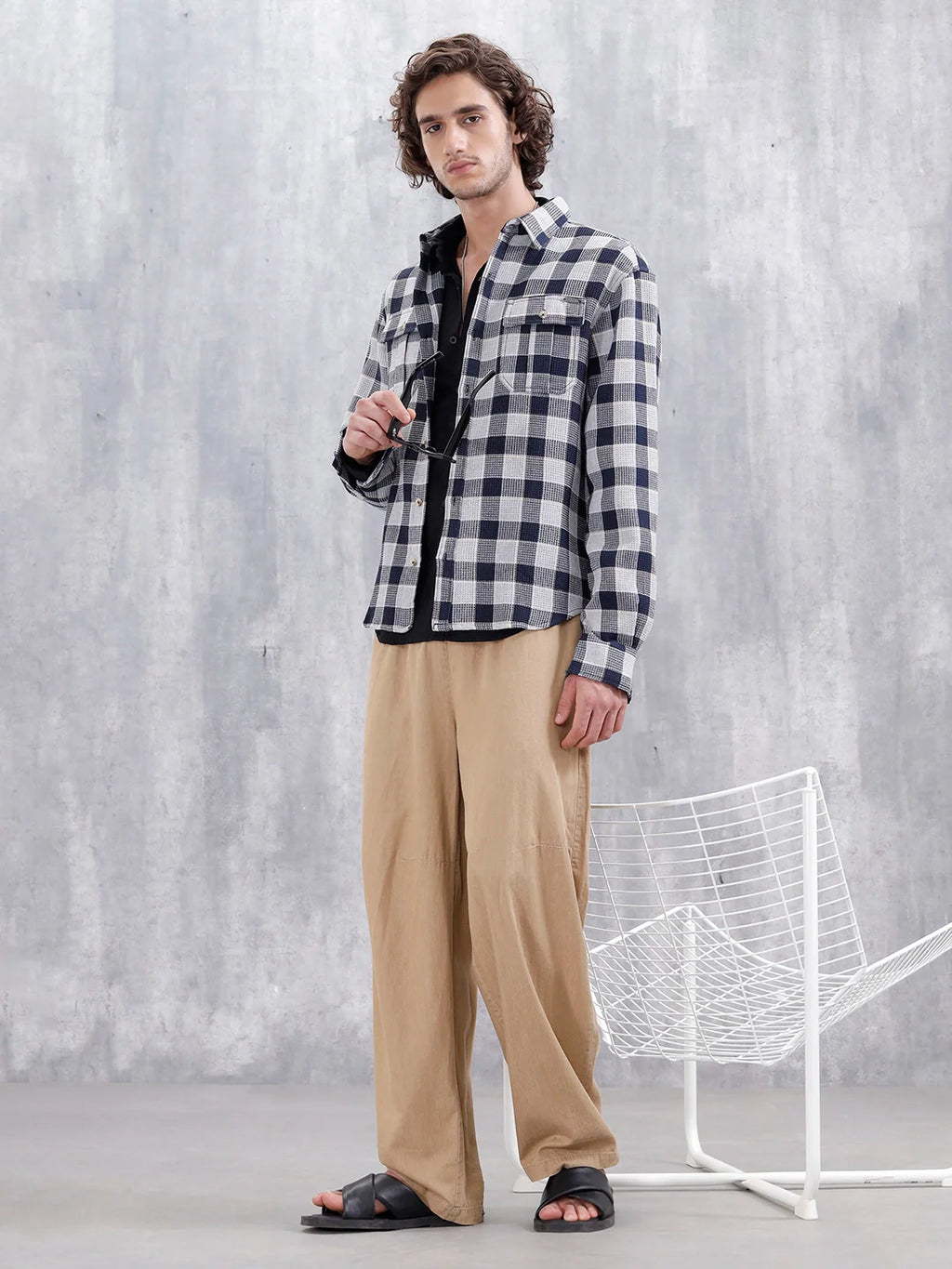 Checkered Pattern Double Pocket Comfort Fit Shirt | Navy Blue