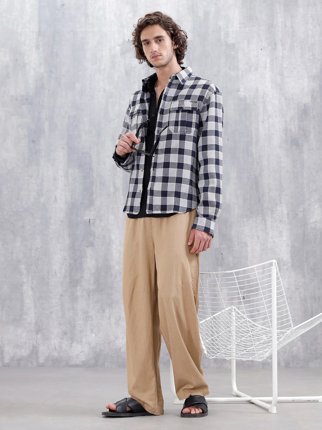 Checkered Pattern Double Pocket Comfort Fit Shirt | Navy Blue