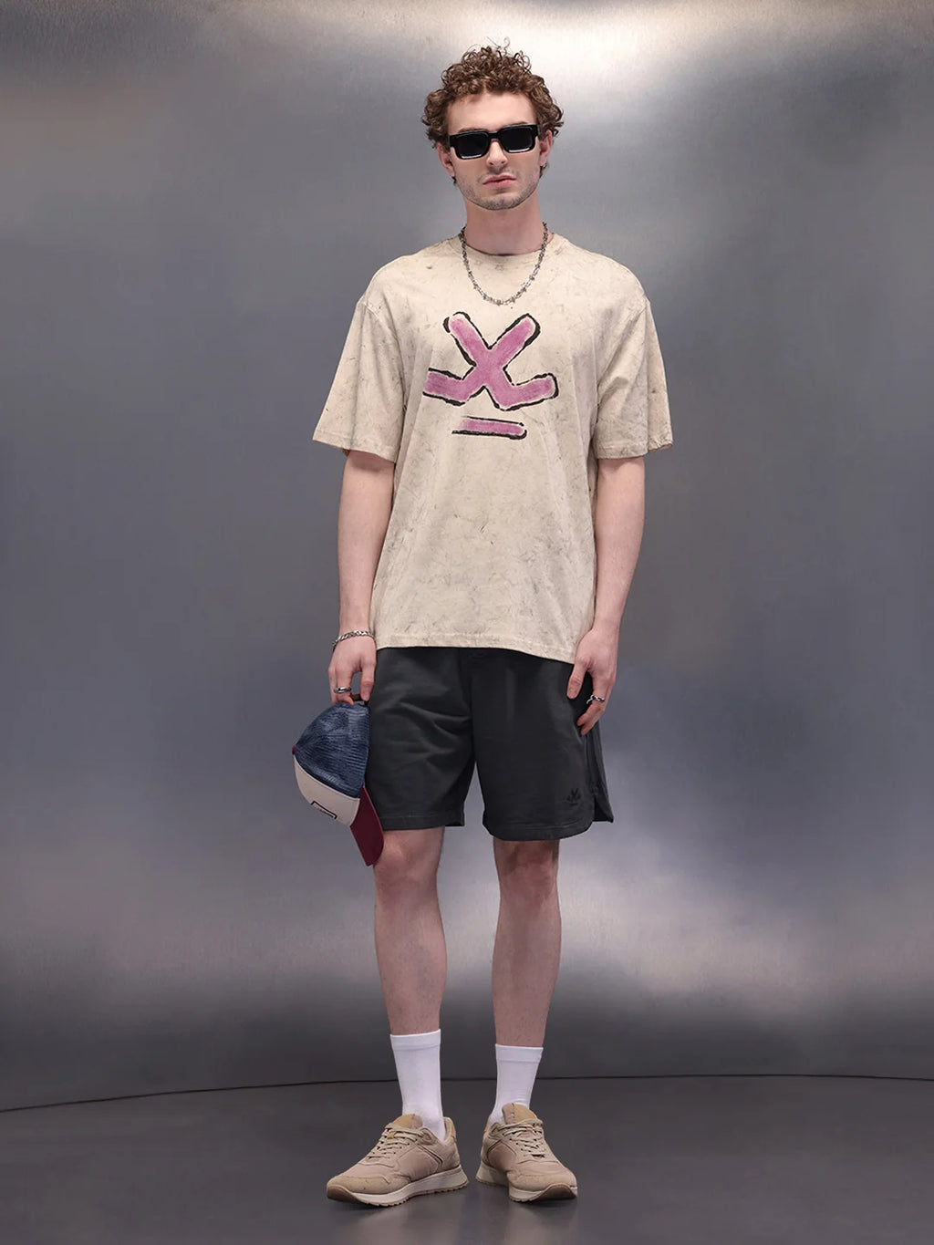 Oversized Washed Look Tee With Iconic Brand Placement Print| Beige