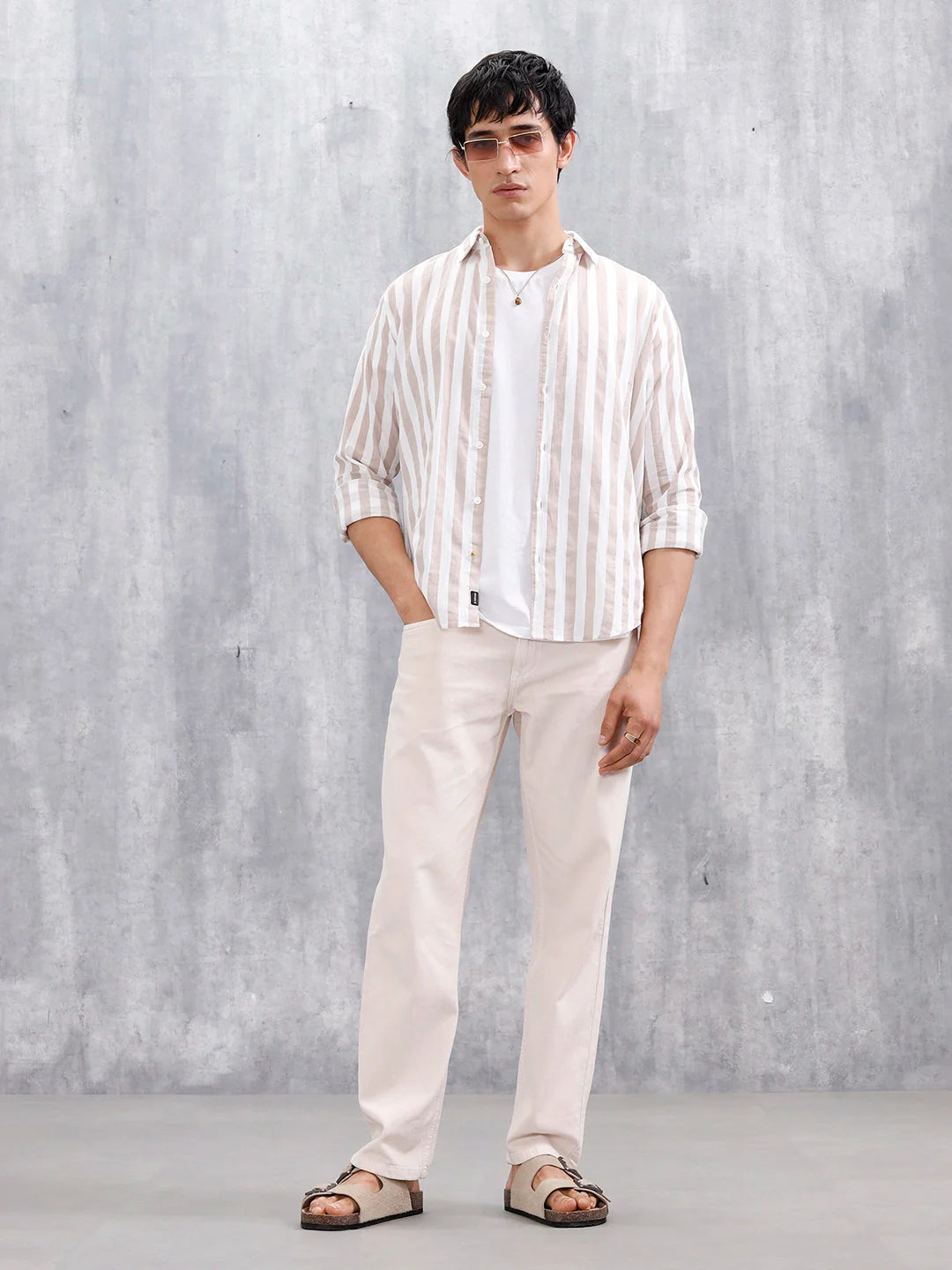 Comfort Fit Striped Casual Shirt For Men | Beige