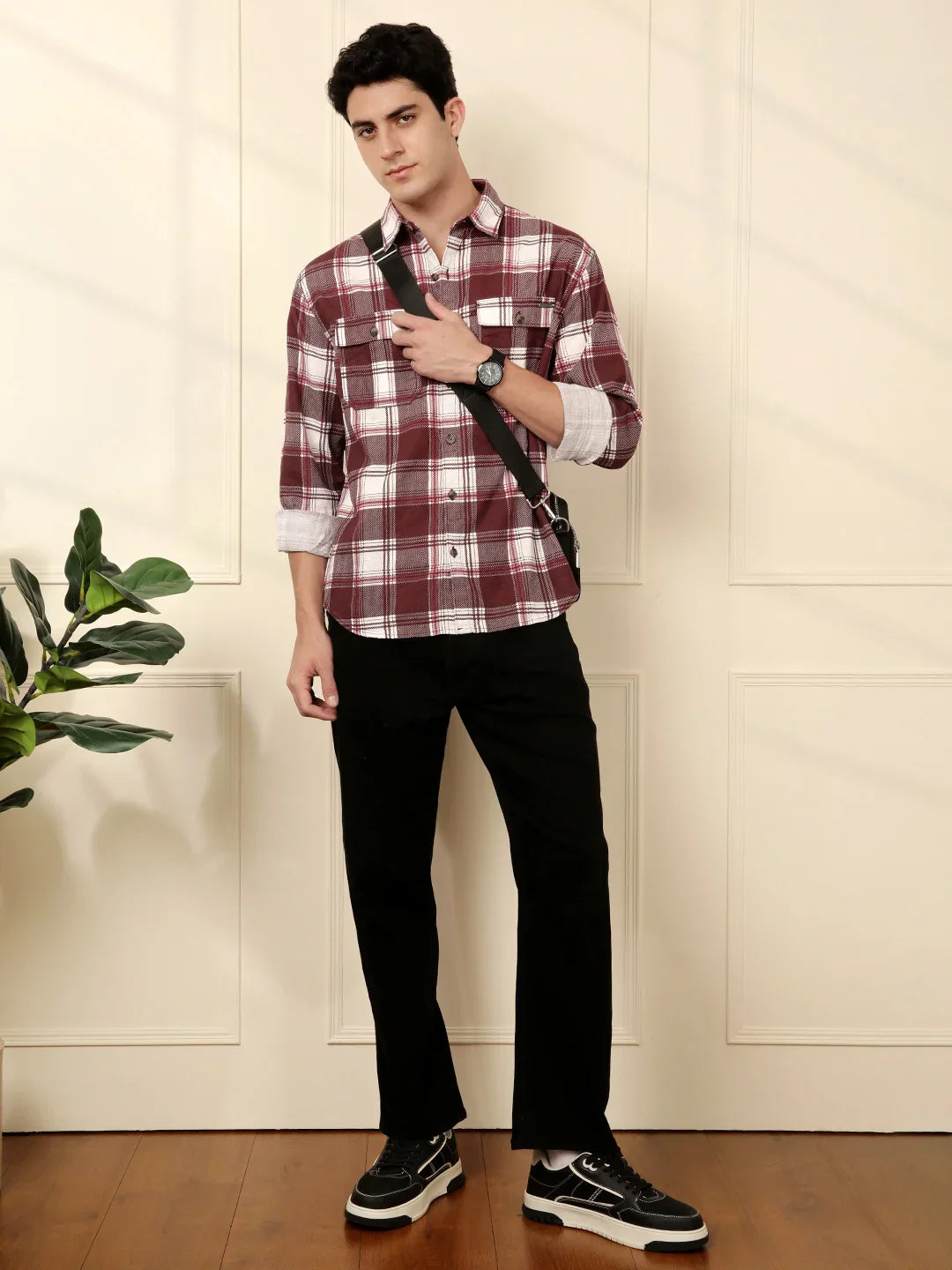 Brown & White Checked Cotton Shirt