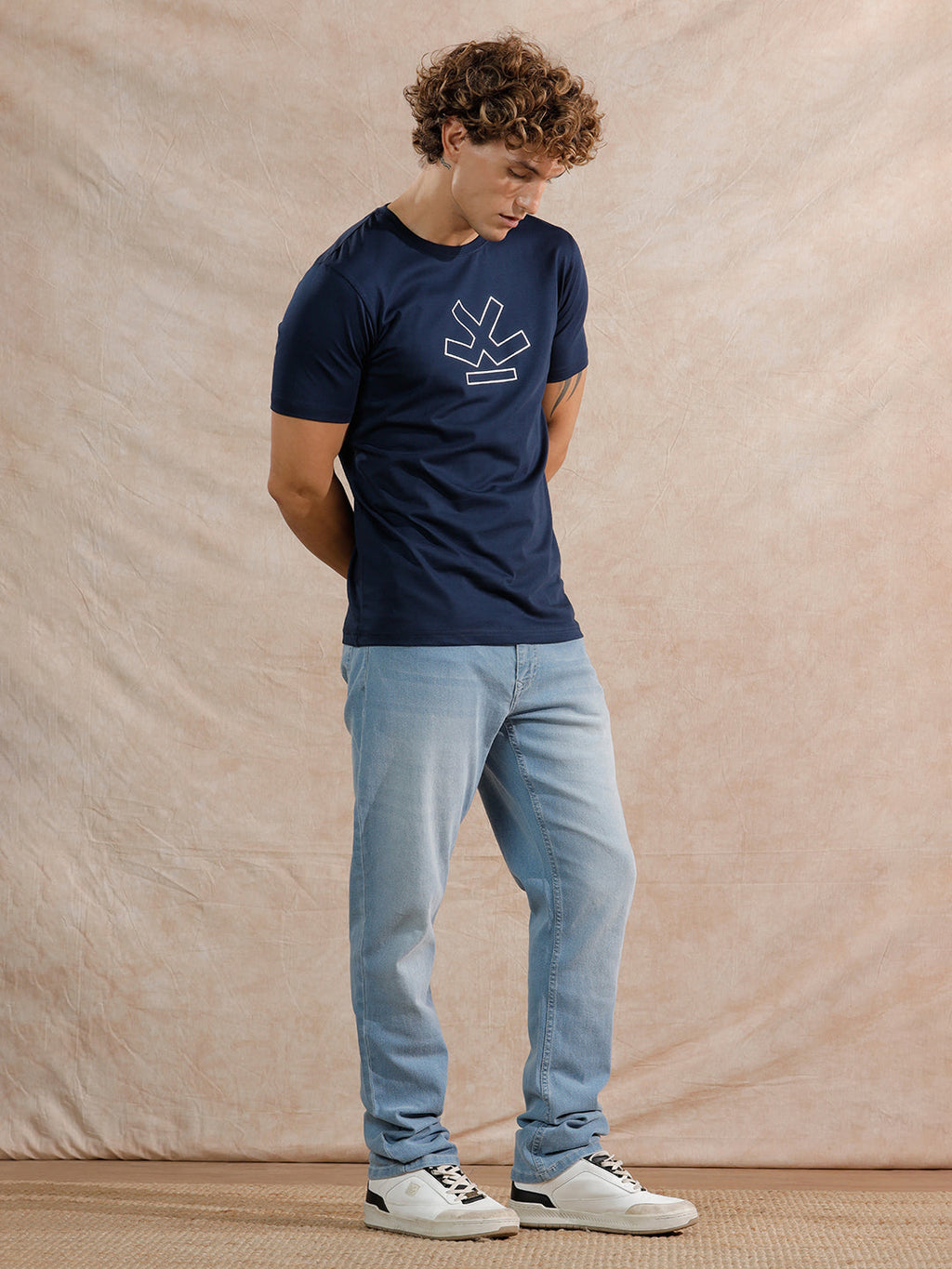Silver Foil Print Slim Fit T-Shirt | Navy Blue