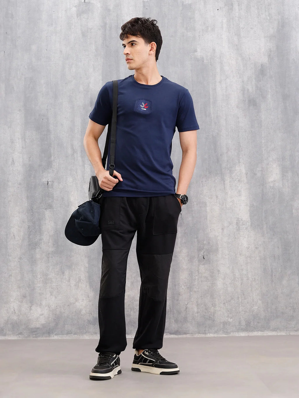 Gold Finish Interlock Tee With Embroidery On Chest   | Navy Blue