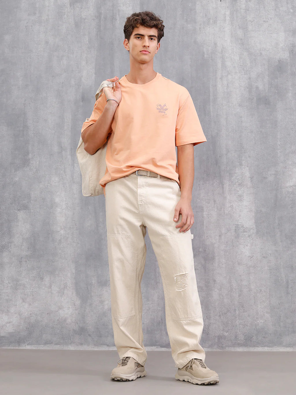 Frayed Yarn Look Wrogn Squad Oversized Back Print Crew Neck T-Shirt | Peach