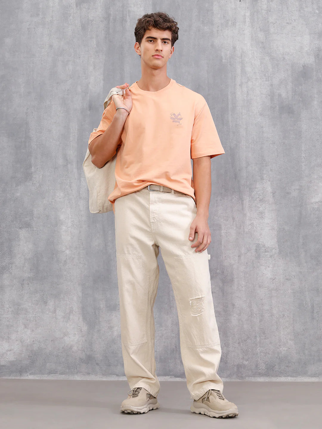 Frayed Yarn Look Wrogn Squad Oversized Back Print Crew Neck T-Shirt | Peach