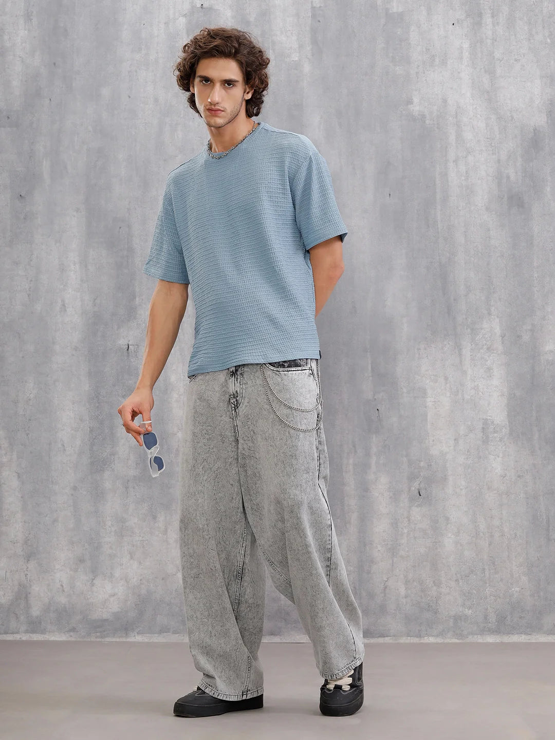 Oversized Jacquard Textured Crew Neck T-Shirt  |  Blue