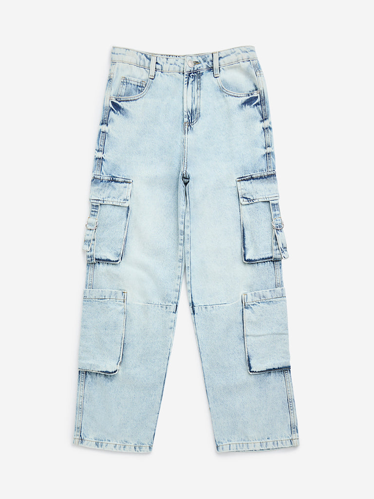 Y&F Kids Light Blue Cargo-Style Relaxed-Fit High-Rise Jeans