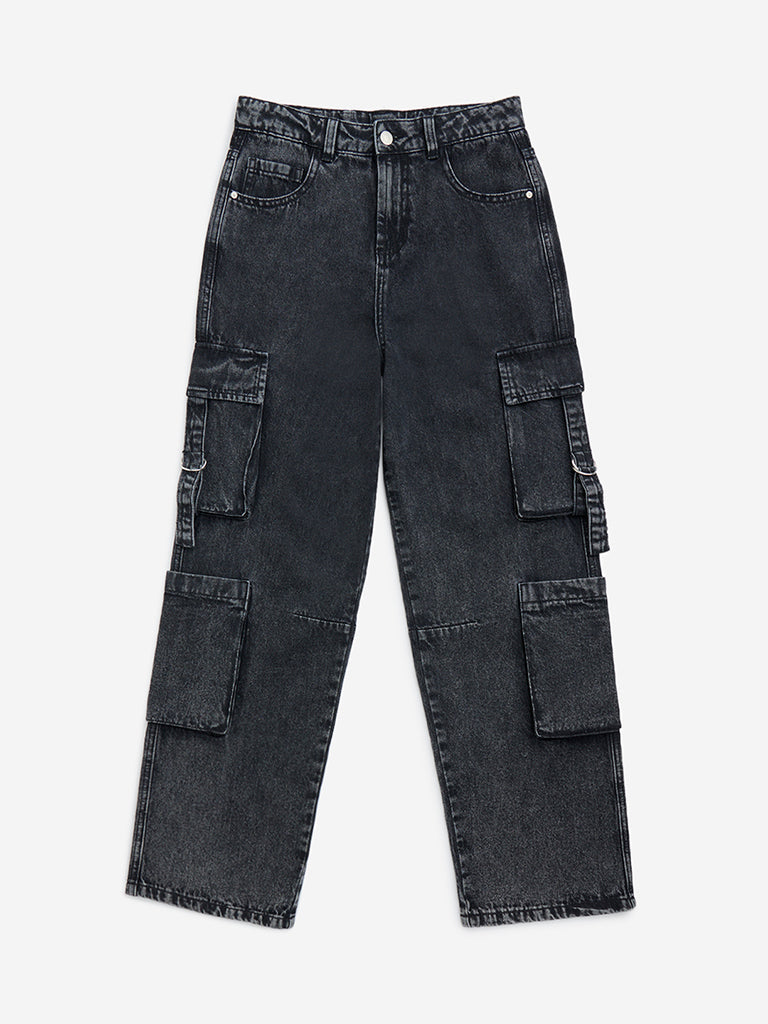 Y&F Kids Charcoal Cargo-Style Straight-Fit High-Rise Jeans