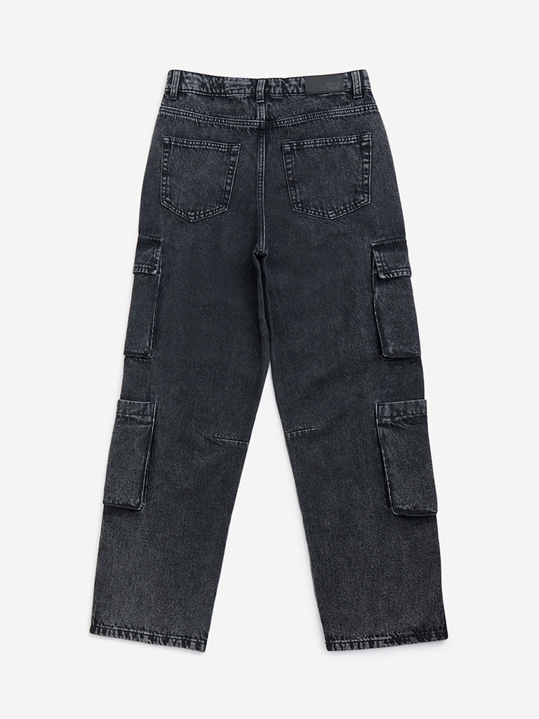Y&F Kids Charcoal Cargo-Style Straight-Fit High-Rise Jeans