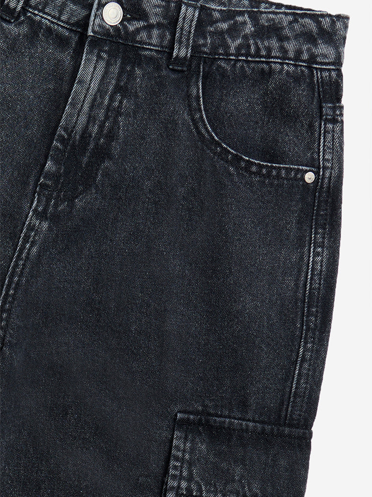 Y&F Kids Charcoal Cargo-Style Straight-Fit High-Rise Jeans