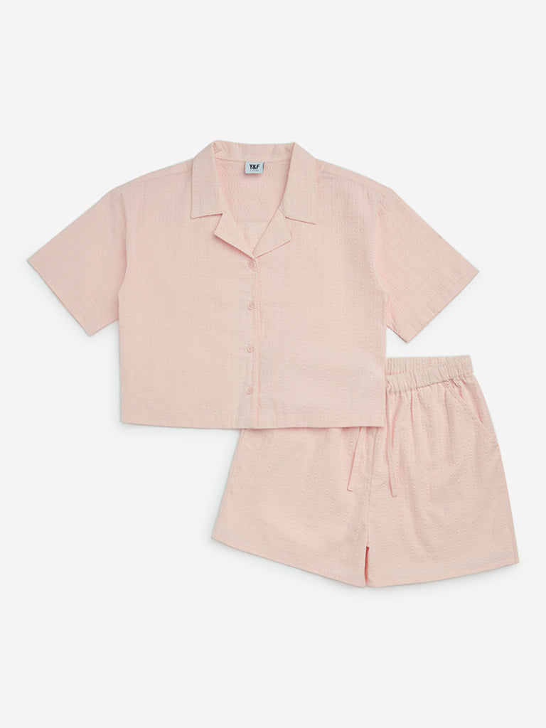 Y&F Kids Pink Seersucker Striped Cotton Shirt and Shorts Set