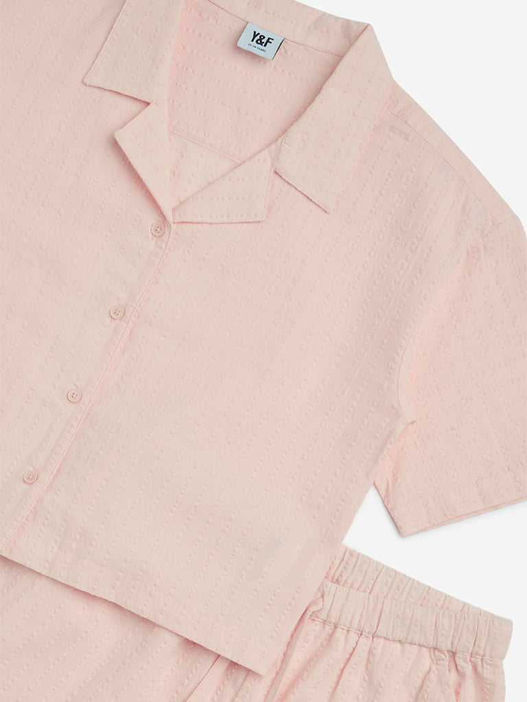 Y&F Kids Pink Seersucker Striped Cotton Shirt and Shorts Set