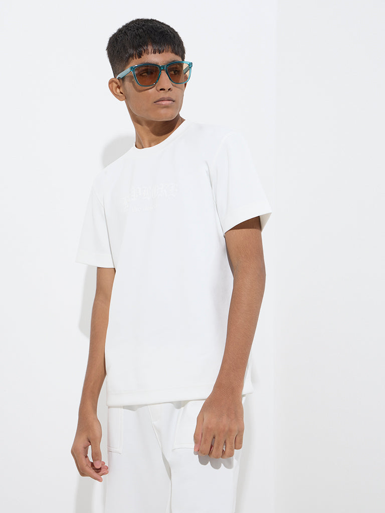 Y&F Kids Off-White Text Design T-Shirt