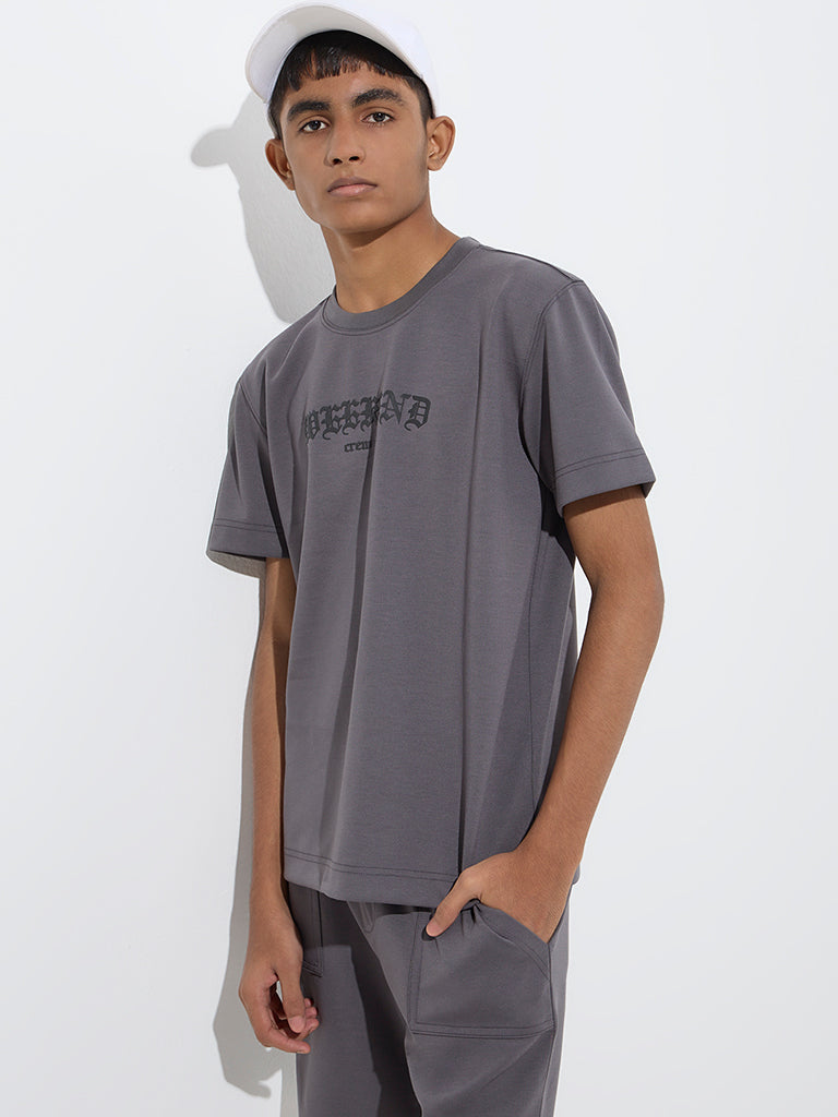 Y&F Kids Grey Text Design T-Shirt