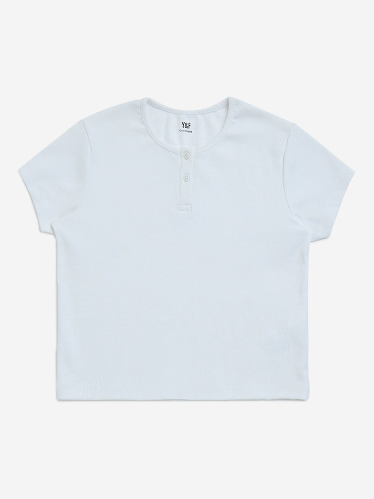 Y&F Kids White Ribbed-Textured Cotton-Blend Top