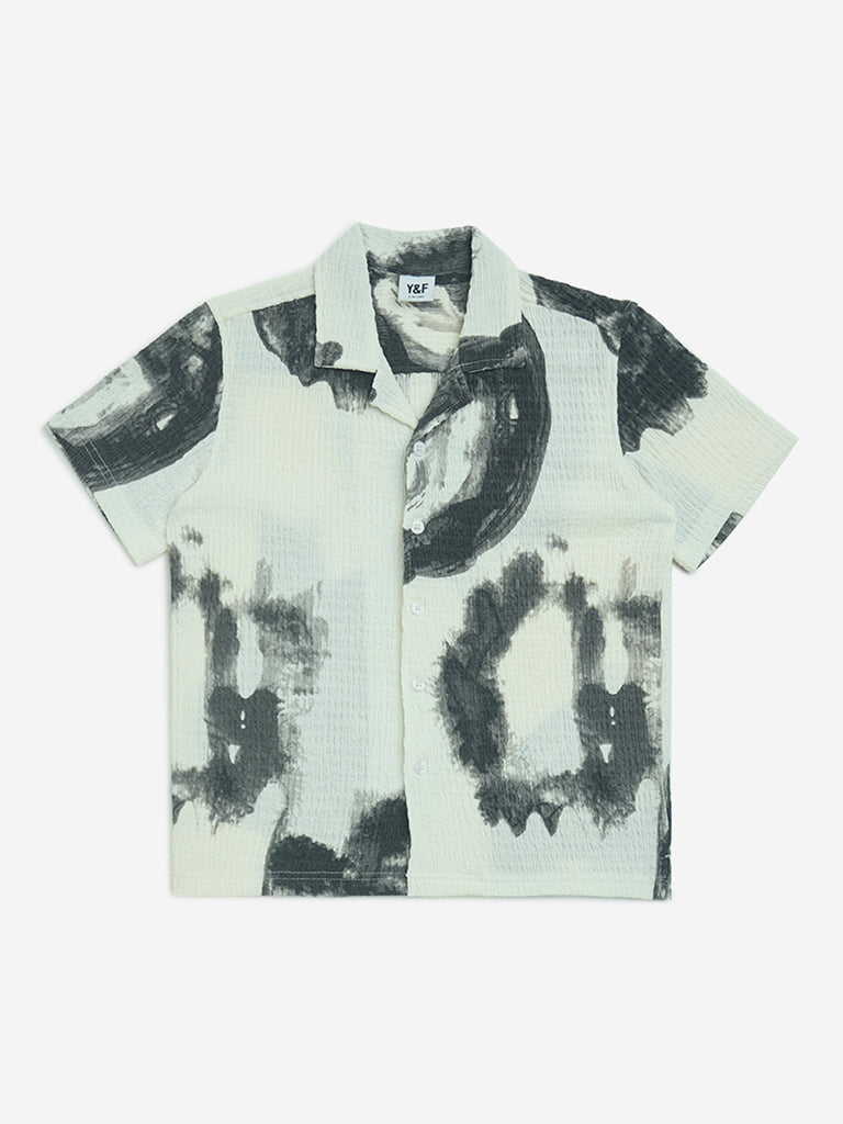 Y&F Kids White Smudge-Printed Resort-Fit Shirt