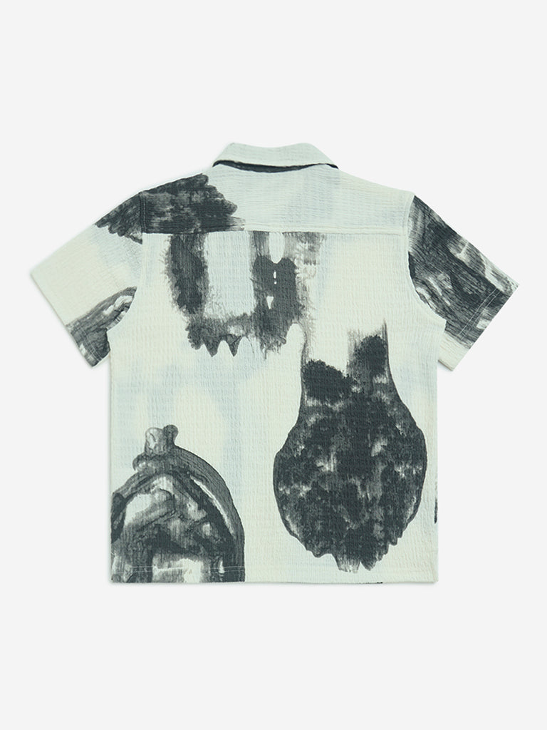 Y&F Kids White Smudge-Printed Resort-Fit Shirt
