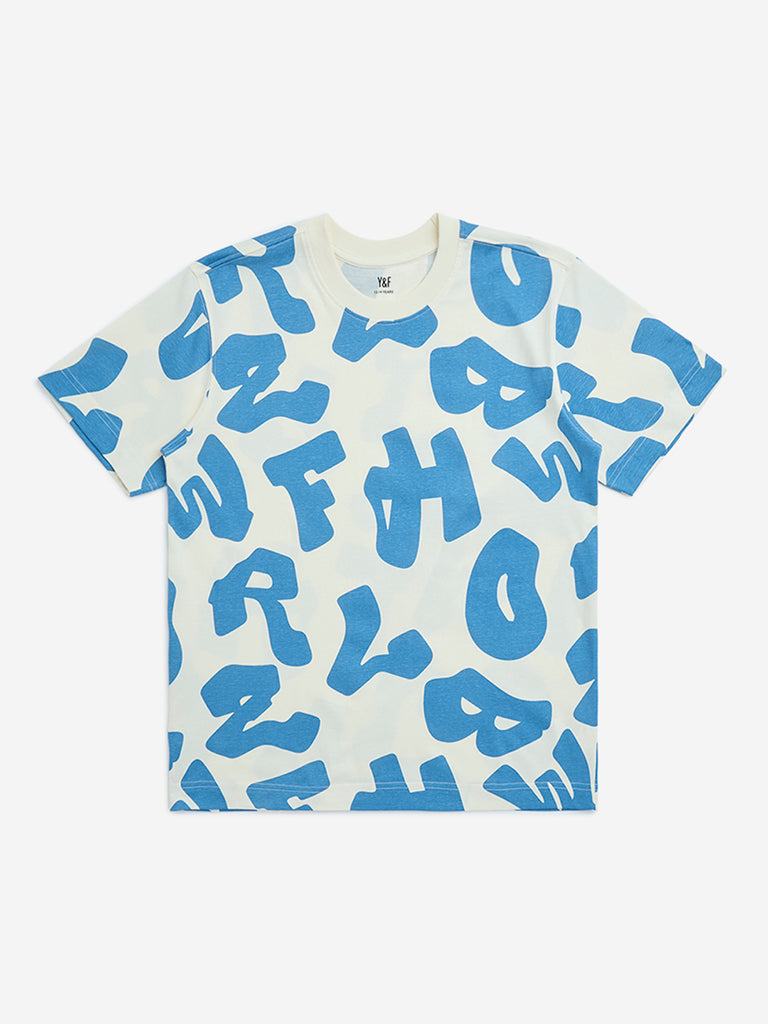 Y&F Kids White Typographic Cotton T-Shirt